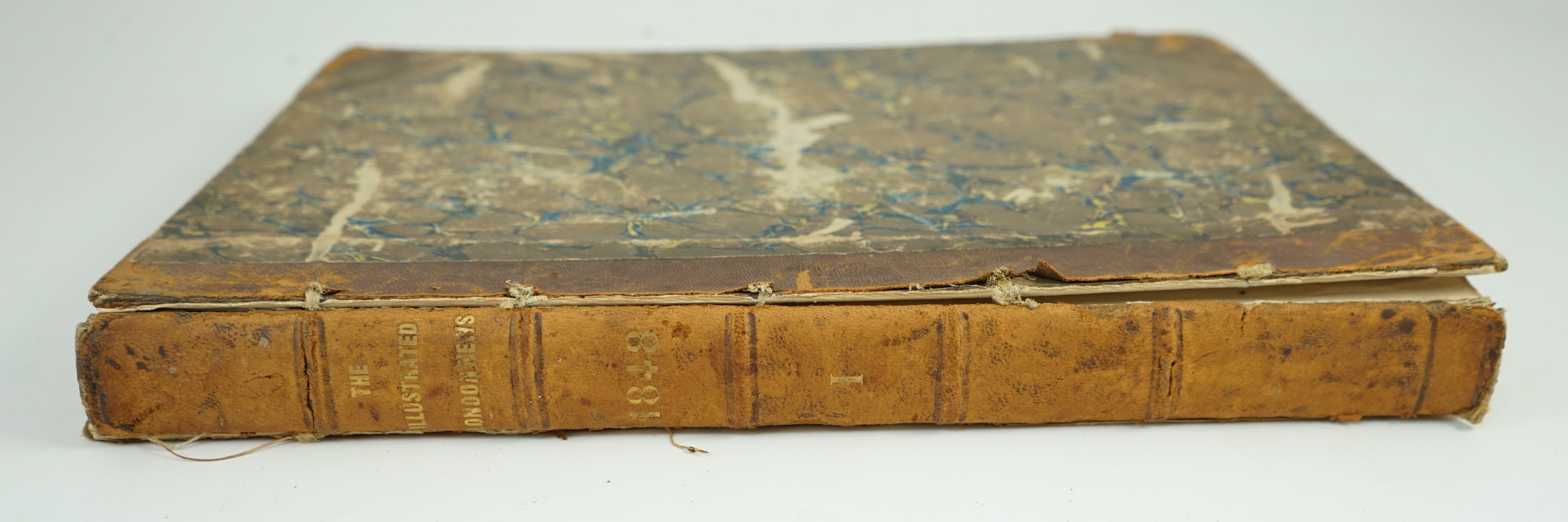 The Illustrated London News, vol.12 (Jan. to June 1848). pictorial engraved title and wood engraved illus. throughout and with large folded panoramic frontispiece (Paris in 1848); old half leather and marbled boards, fol